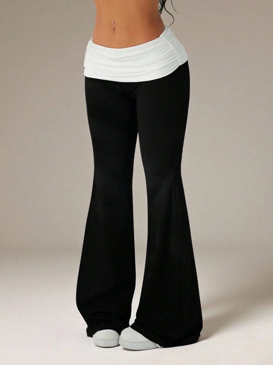Black Flare Leg Pants with Fold-Over Waistband