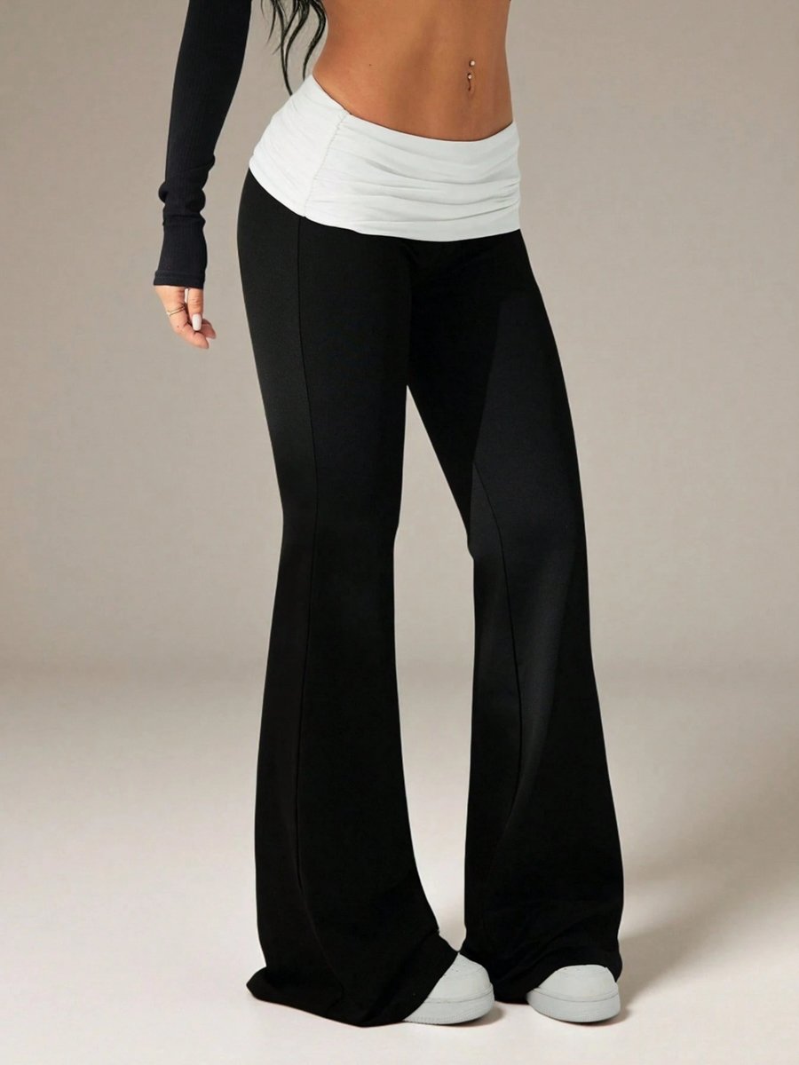 Black Flare Leg Pants with Fold-Over Waistband