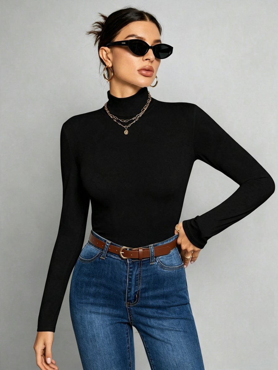 Black Long Sleeve Mock Neck Top