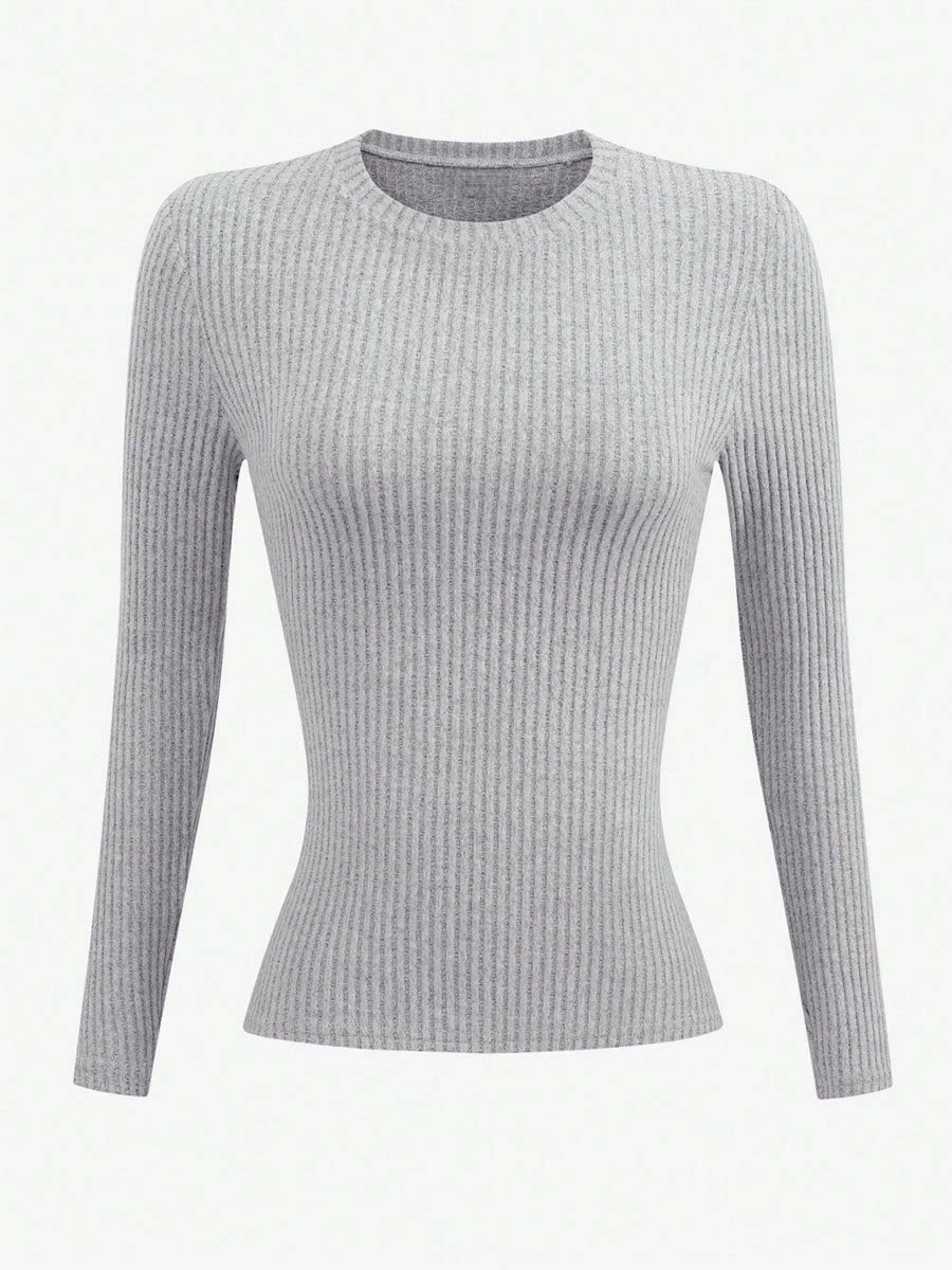 Grey Ribbed Knit Long Sleeve Top