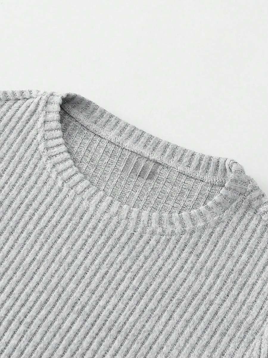 Grey Ribbed Knit Long Sleeve Top