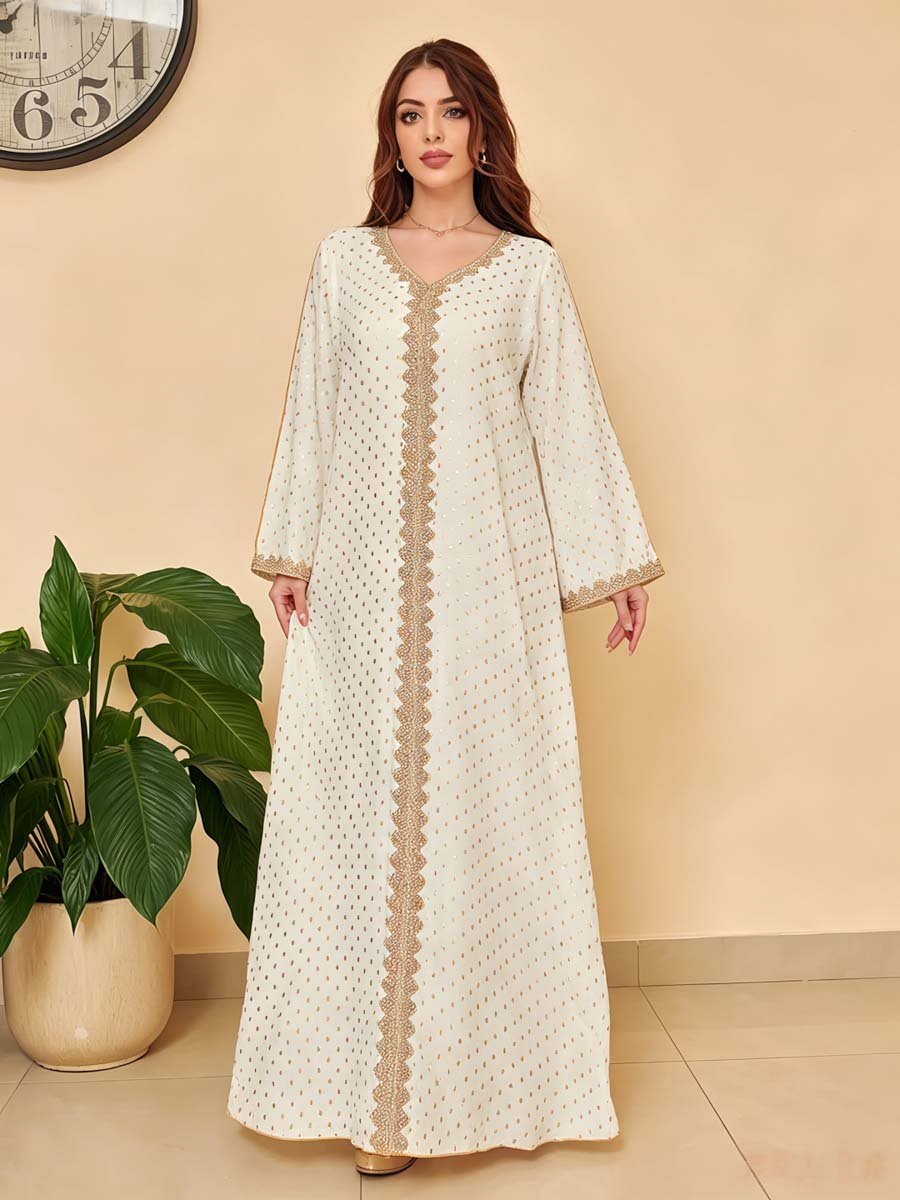White Printed V Neck A-Line Jalabiya