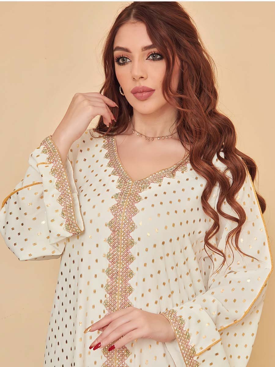 White Printed V Neck A-Line Jalabiya