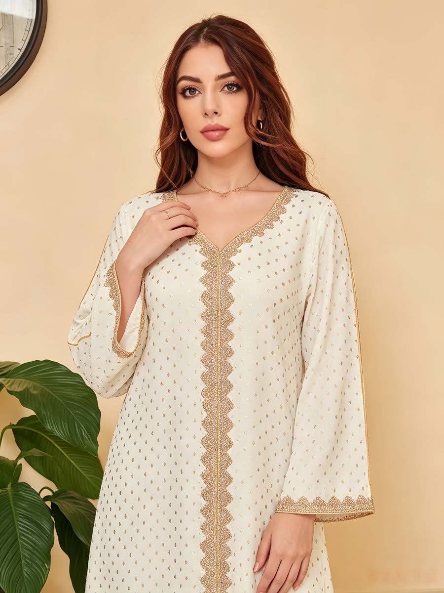 White Printed V Neck A-Line Jalabiya
