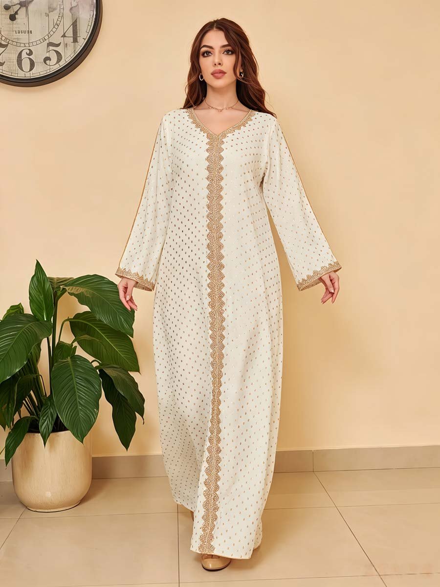 White Printed V Neck A-Line Jalabiya