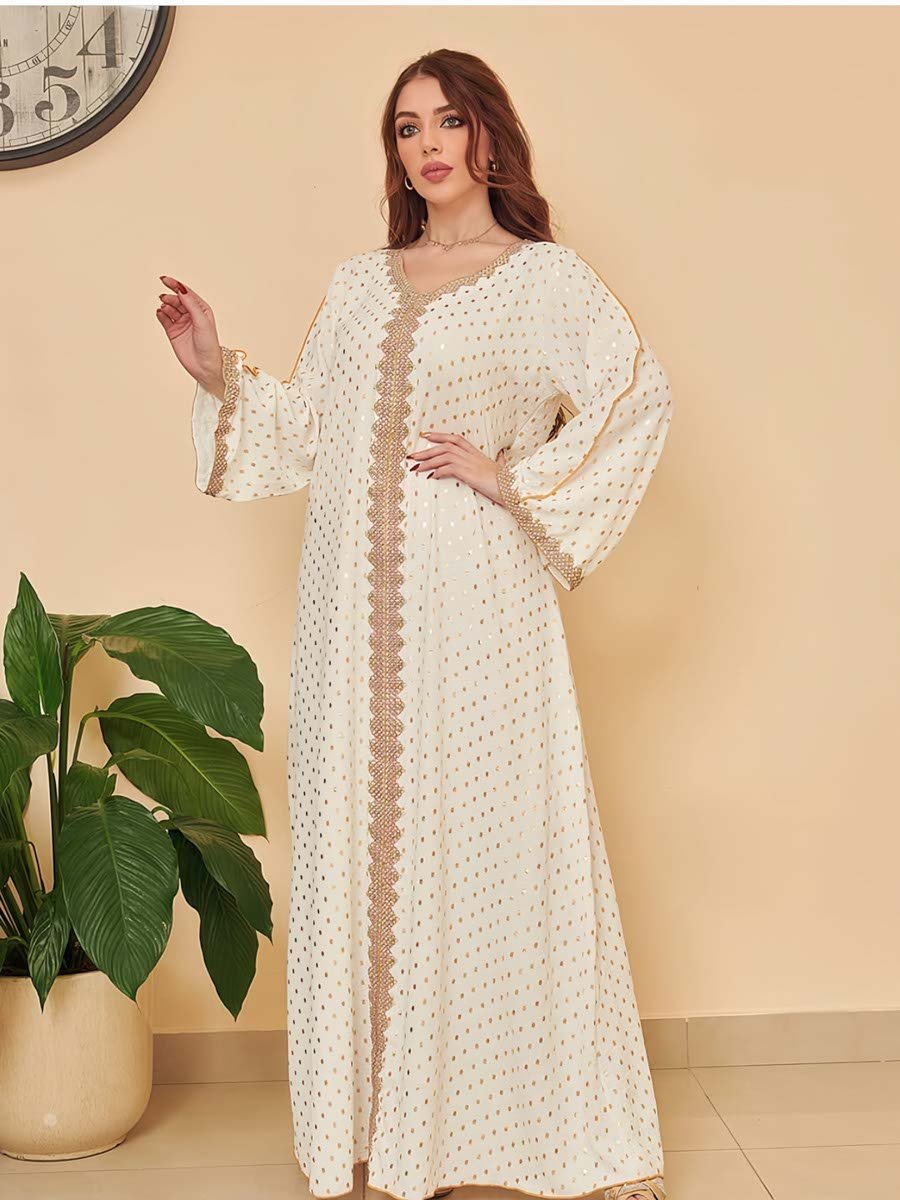 White Printed V Neck A-Line Jalabiya
