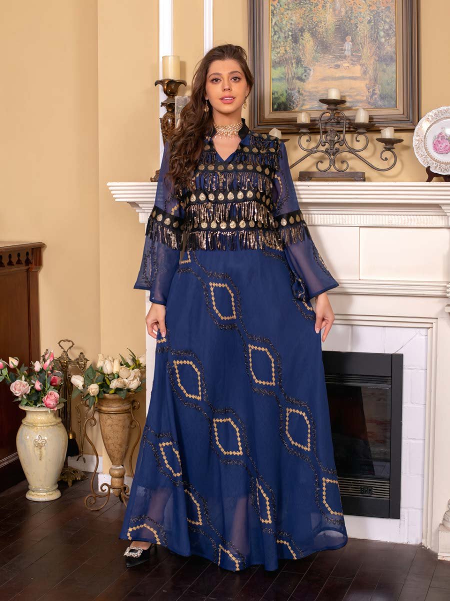 Blue A-Line Jalabiya Dress with Gold Embellishment