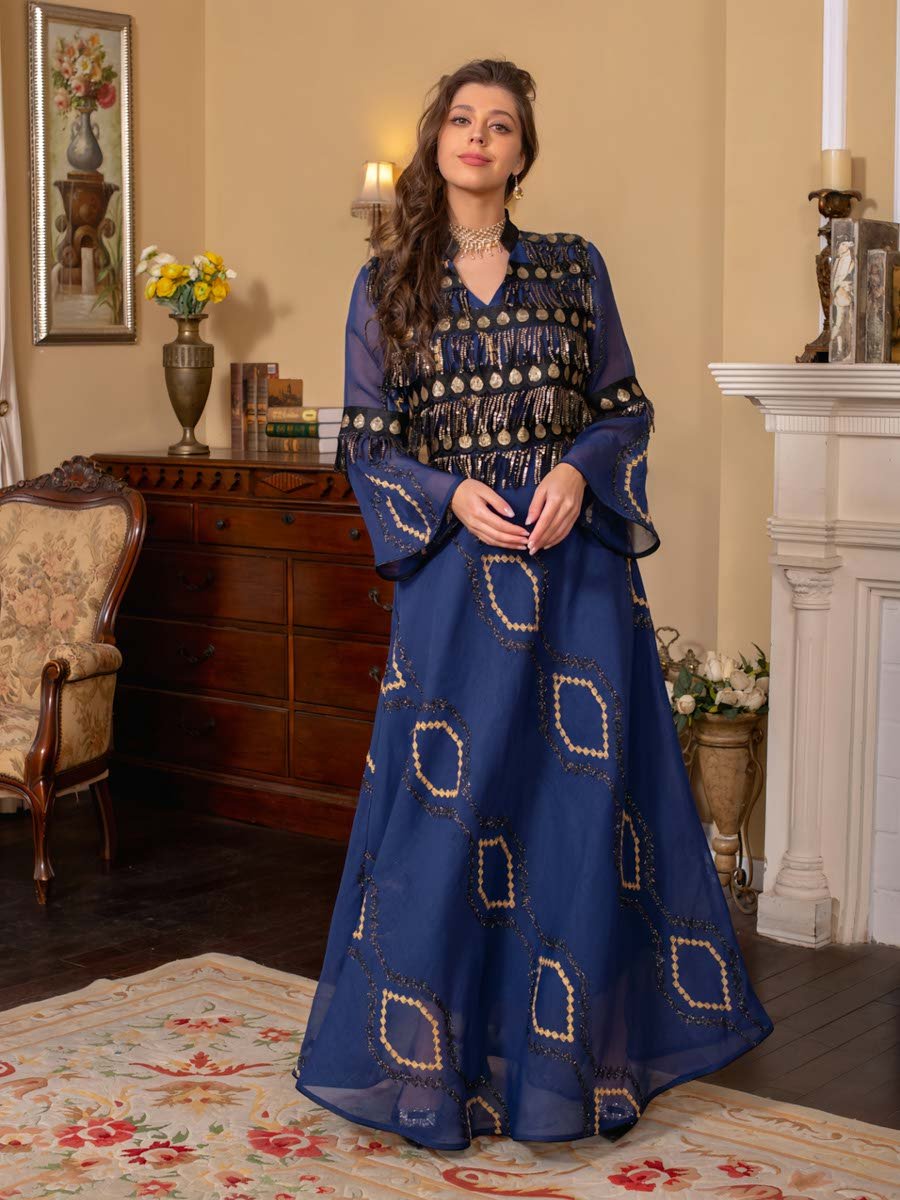 Blue A-Line Jalabiya Dress with Gold Embellishment