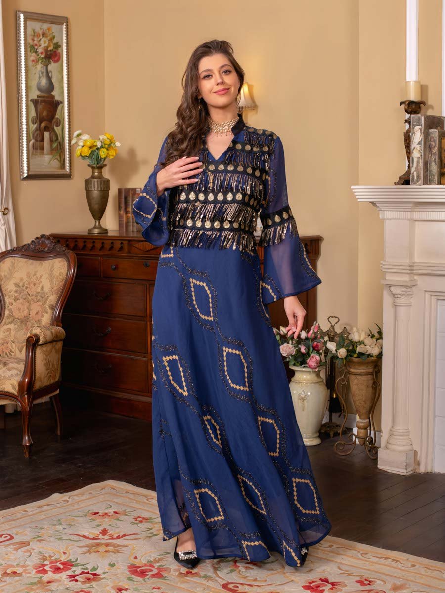 Blue A-Line Jalabiya Dress with Gold Embellishment