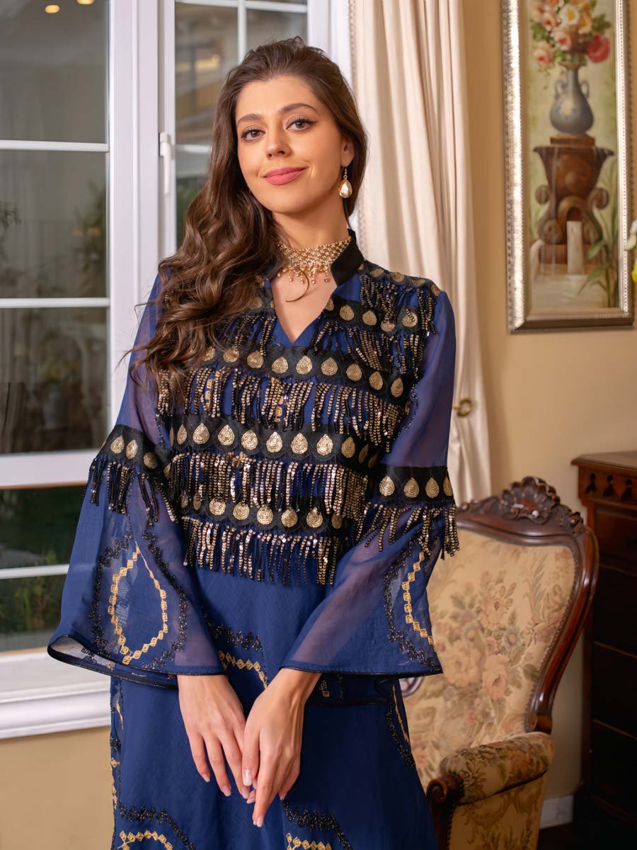 Blue A-Line Jalabiya Dress with Gold Embellishment