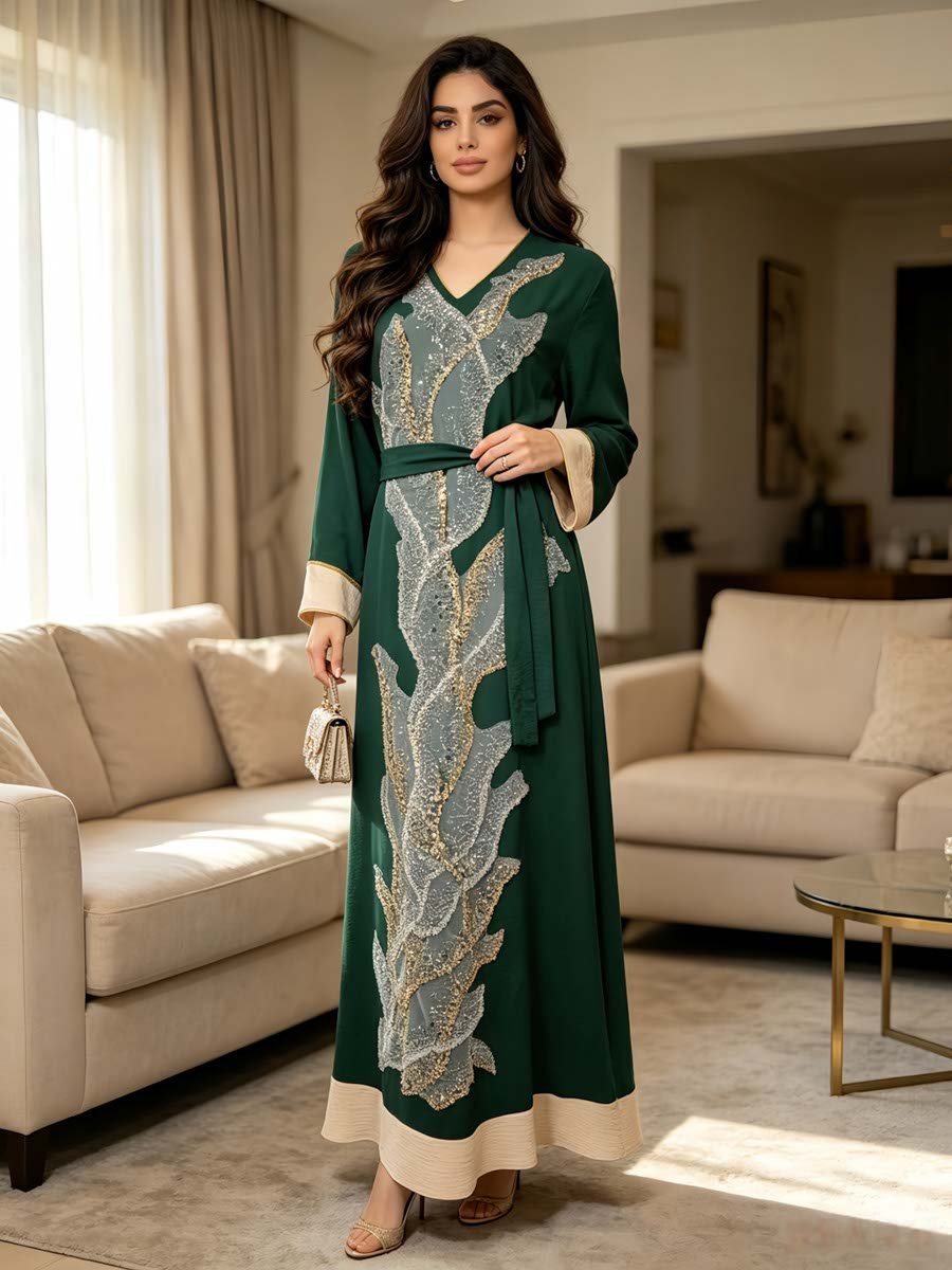 Green A-Line Jalabiya with Embroidery