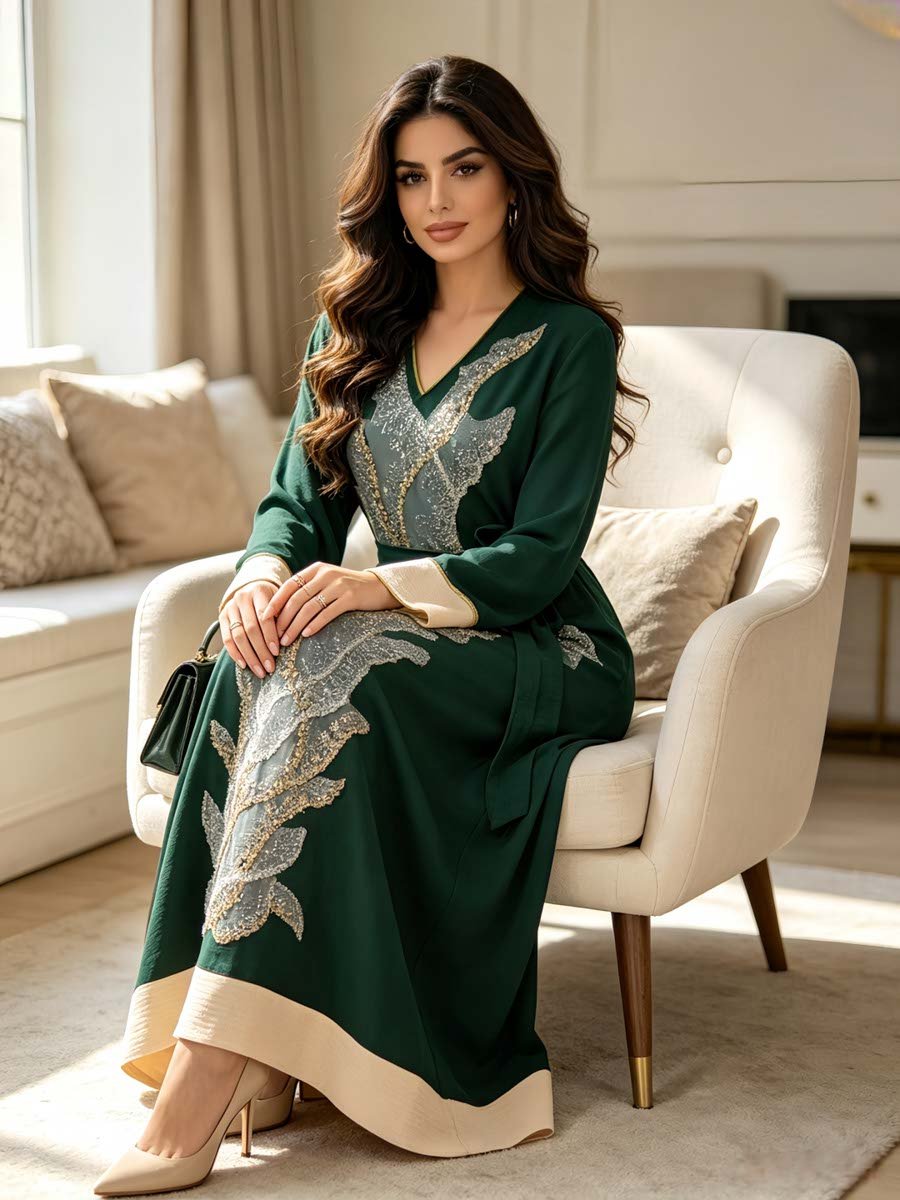 Green A-Line Jalabiya with Embroidery