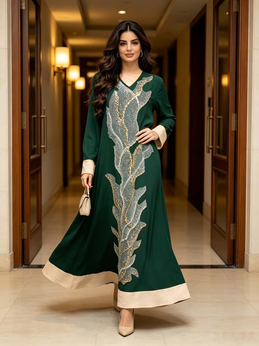 Green A-Line Jalabiya with Embroidery
