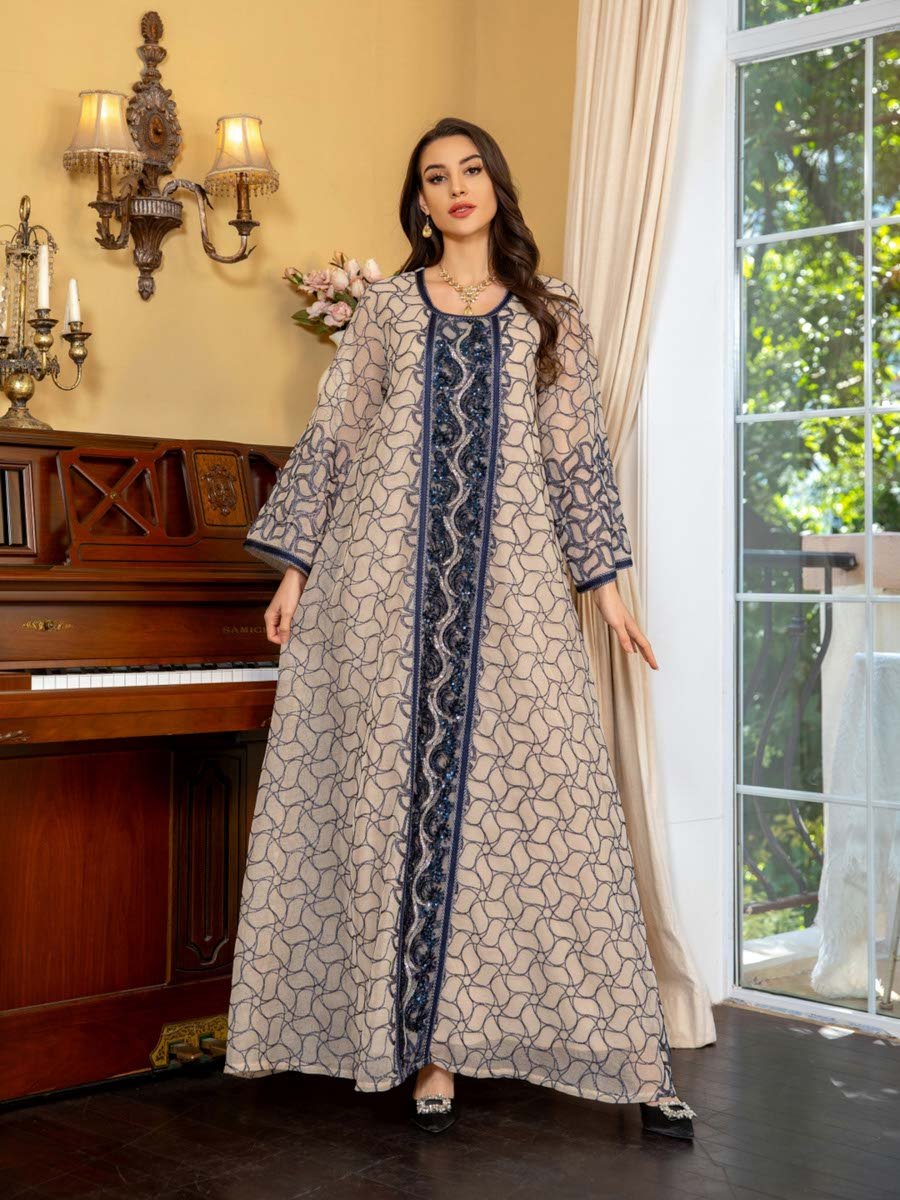Grey Printed Long Sleeves Jalabiya