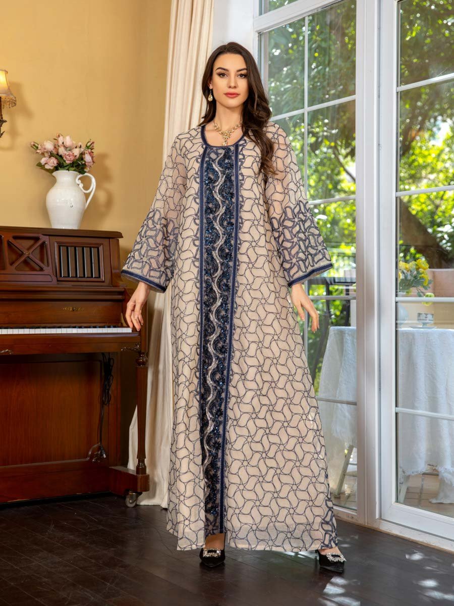 Grey Printed Long Sleeves Jalabiya