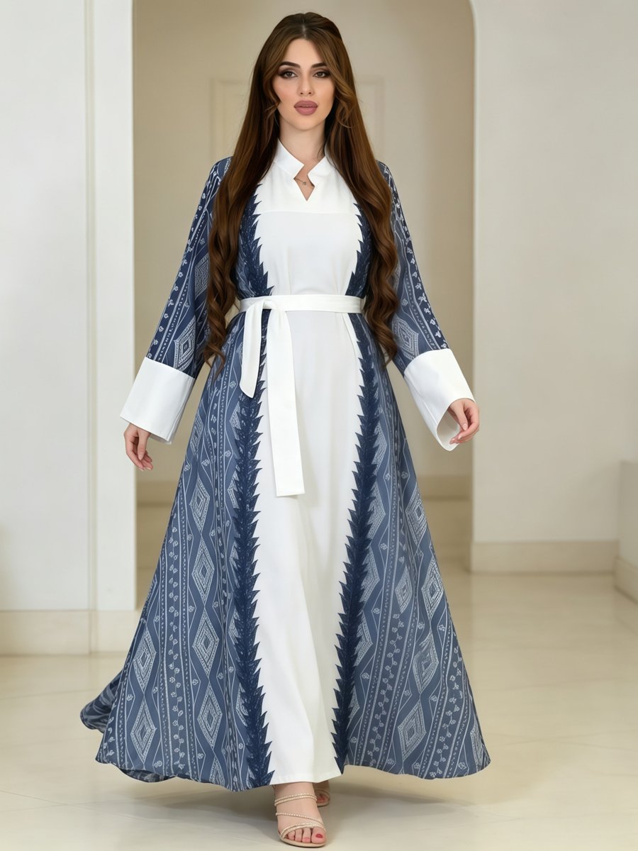 Blue and White Printed Ankle-Length Jalabiya