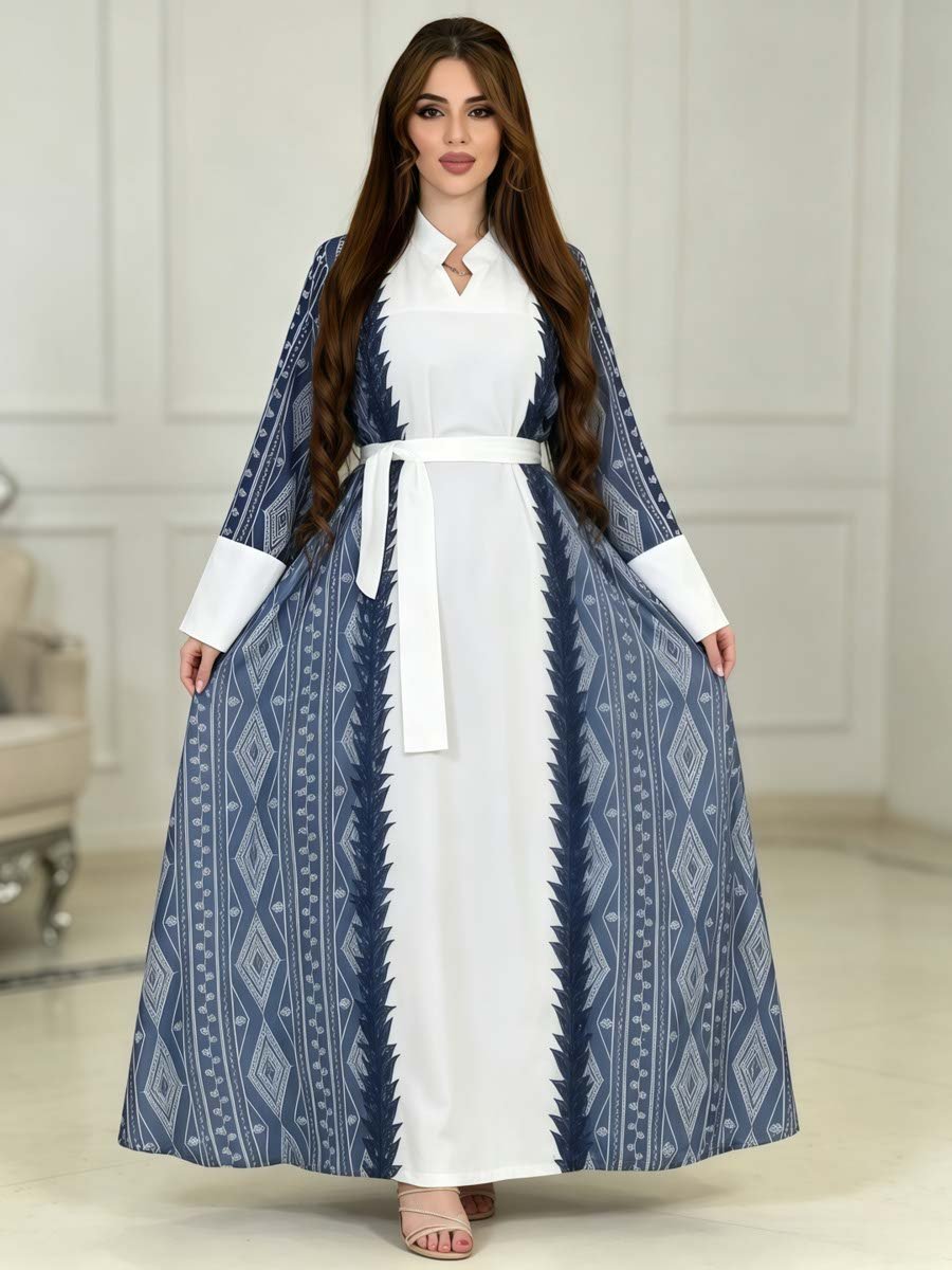 Blue and White Printed Ankle-Length Jalabiya