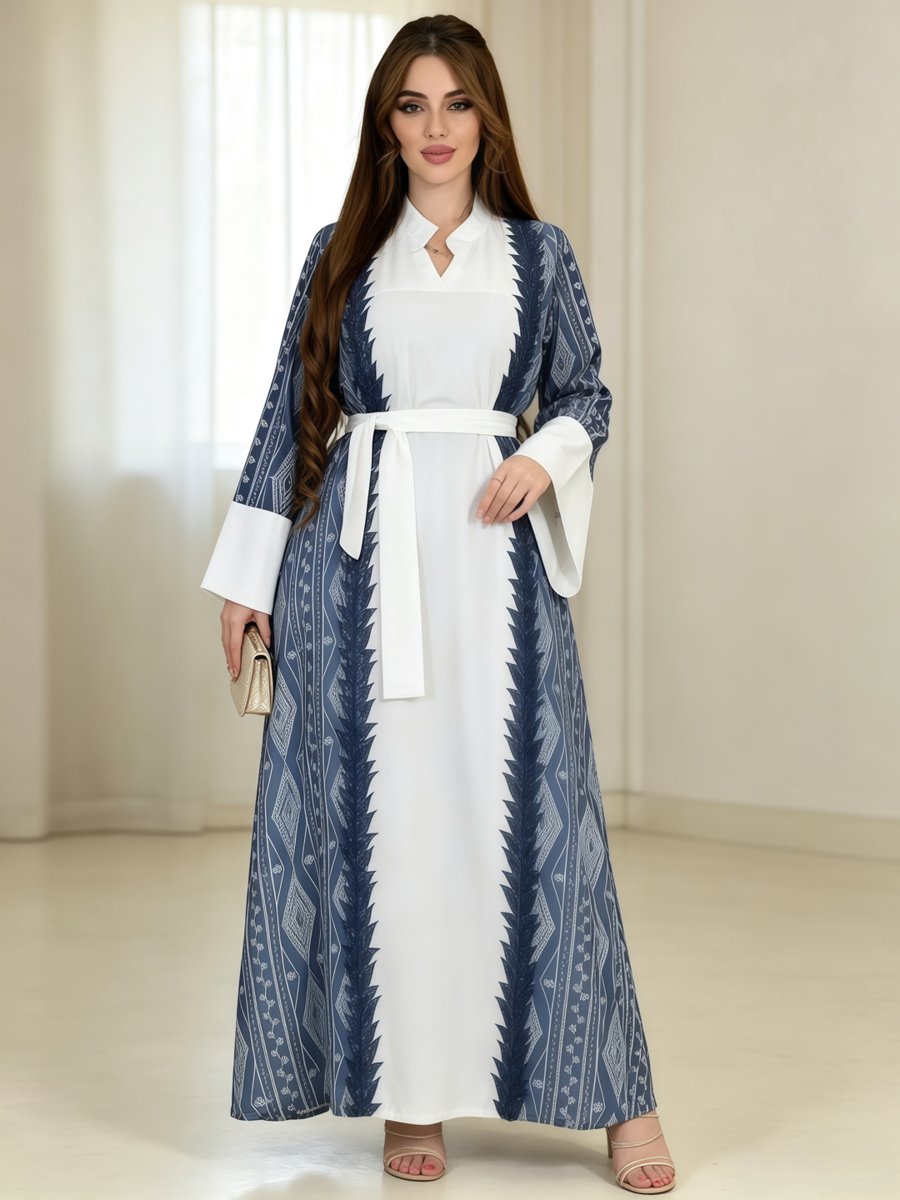 Blue and White Printed Ankle-Length Jalabiya