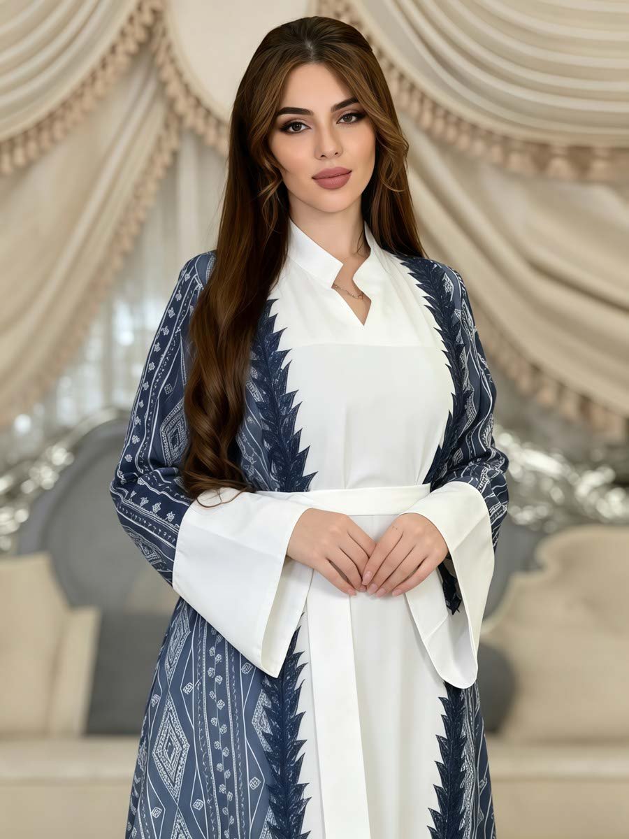 Blue and White Printed Ankle-Length Jalabiya