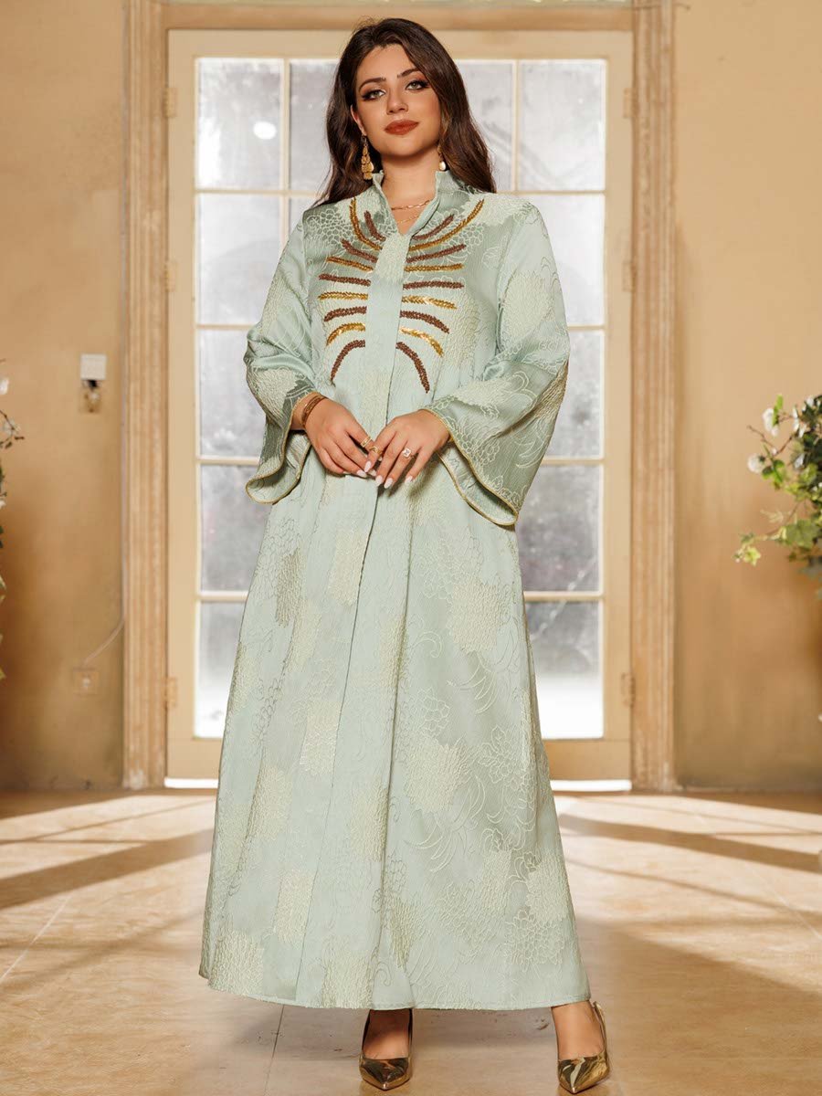 Teal Jacquard A-Line Jalabiya with Embellishments