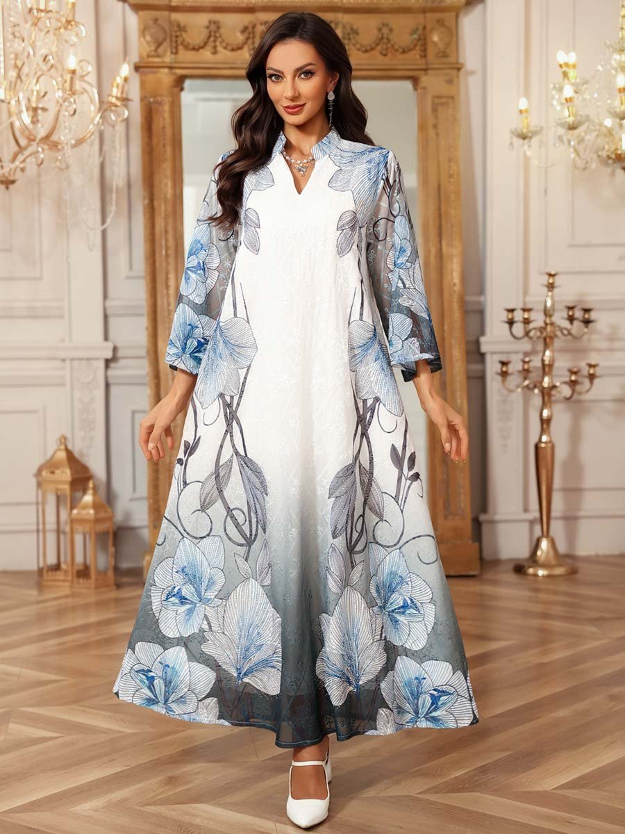 Blue Floral A-Line Ankle-Length Jalabiya