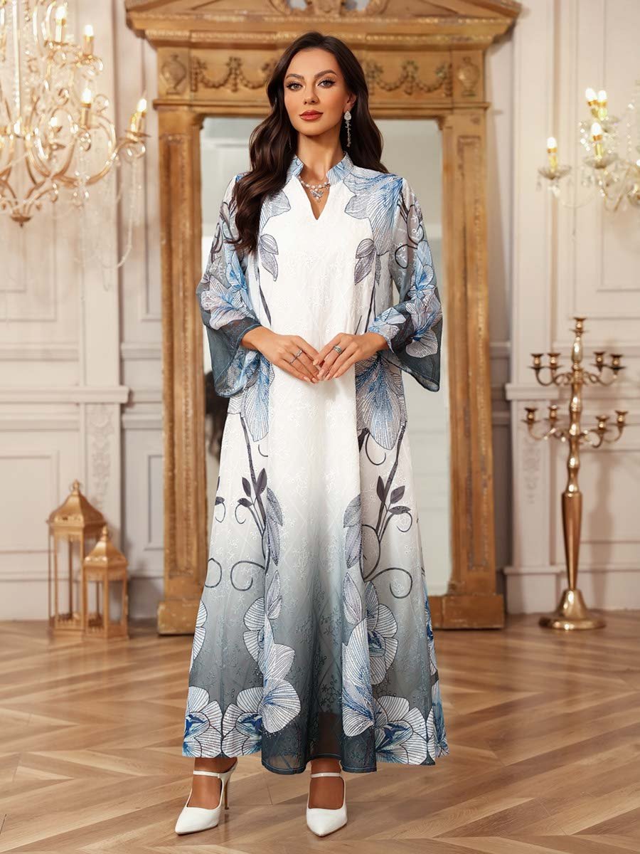 Blue Floral A-Line Ankle-Length Jalabiya