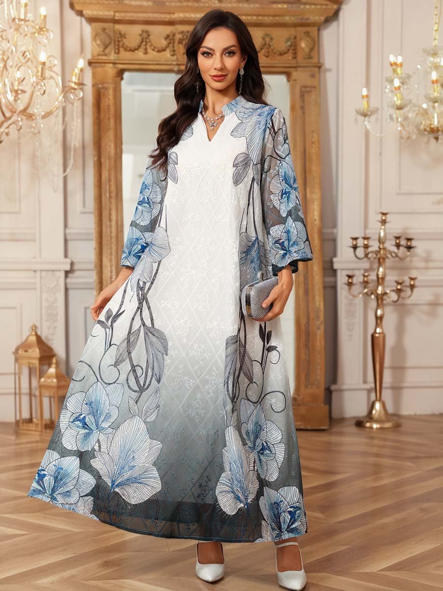 Blue Floral A-Line Ankle-Length Jalabiya