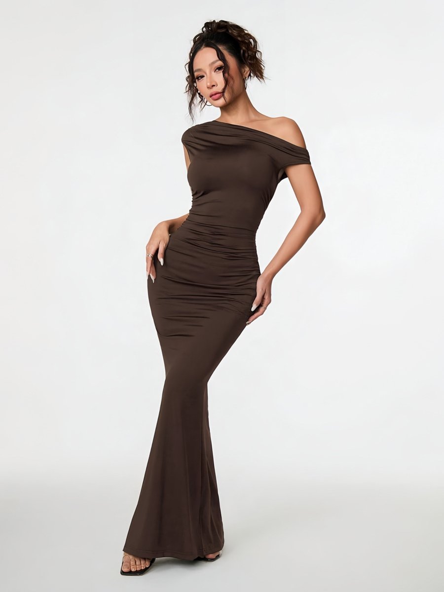 Brown One-Shoulder Bodycon Maxi Dress