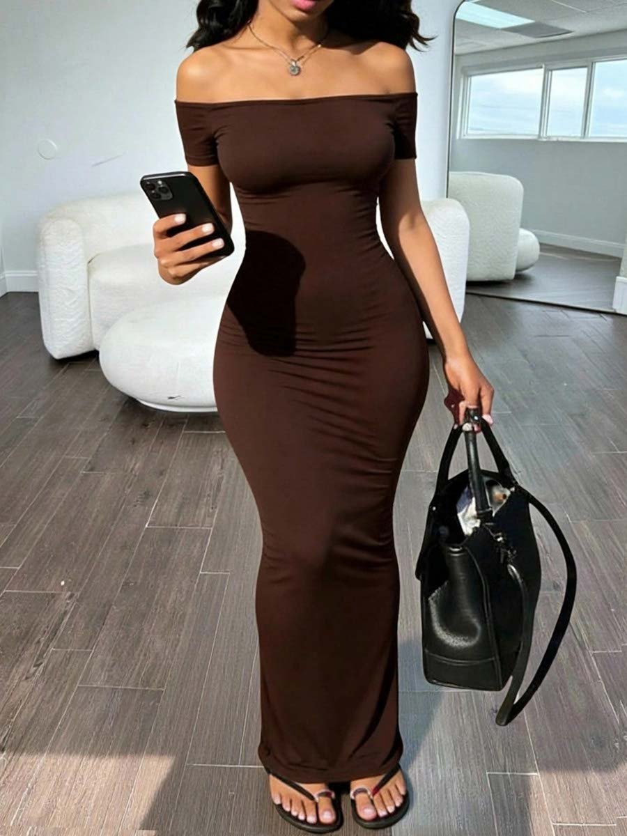 Brown Off-Shoulder Bodycon Maxi Dress with Short Sleeves