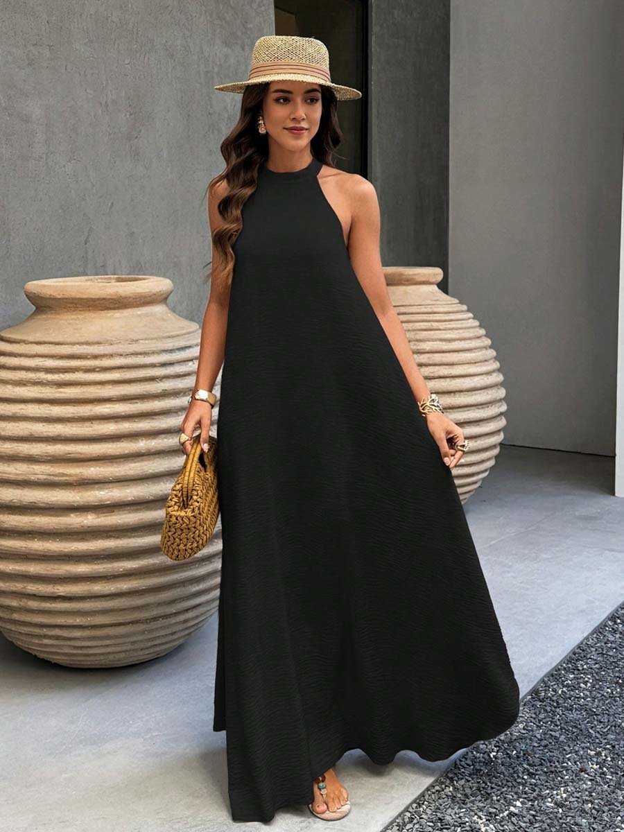 Black Plain Sleeveless A-Line Maxi Dress