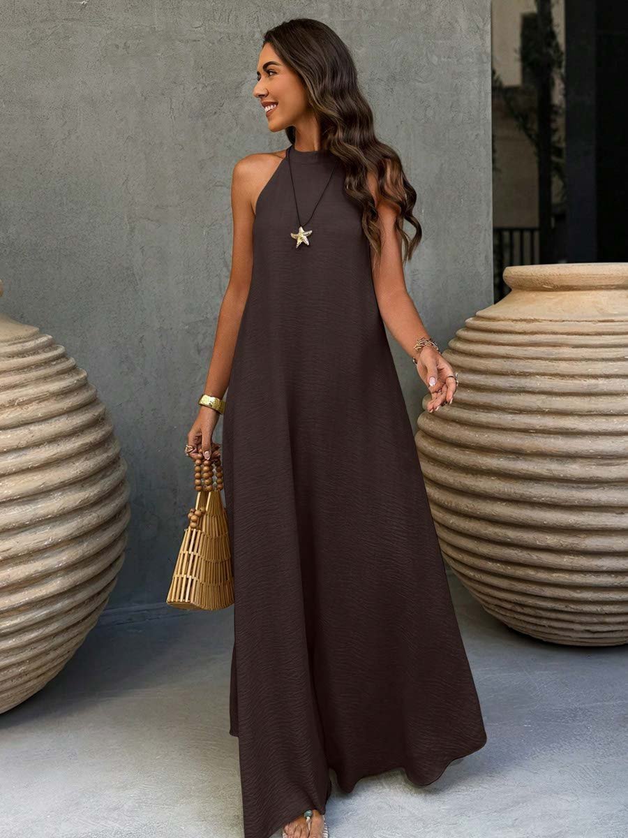 Plain Brown Maxi A-Line Sleeveless Dress