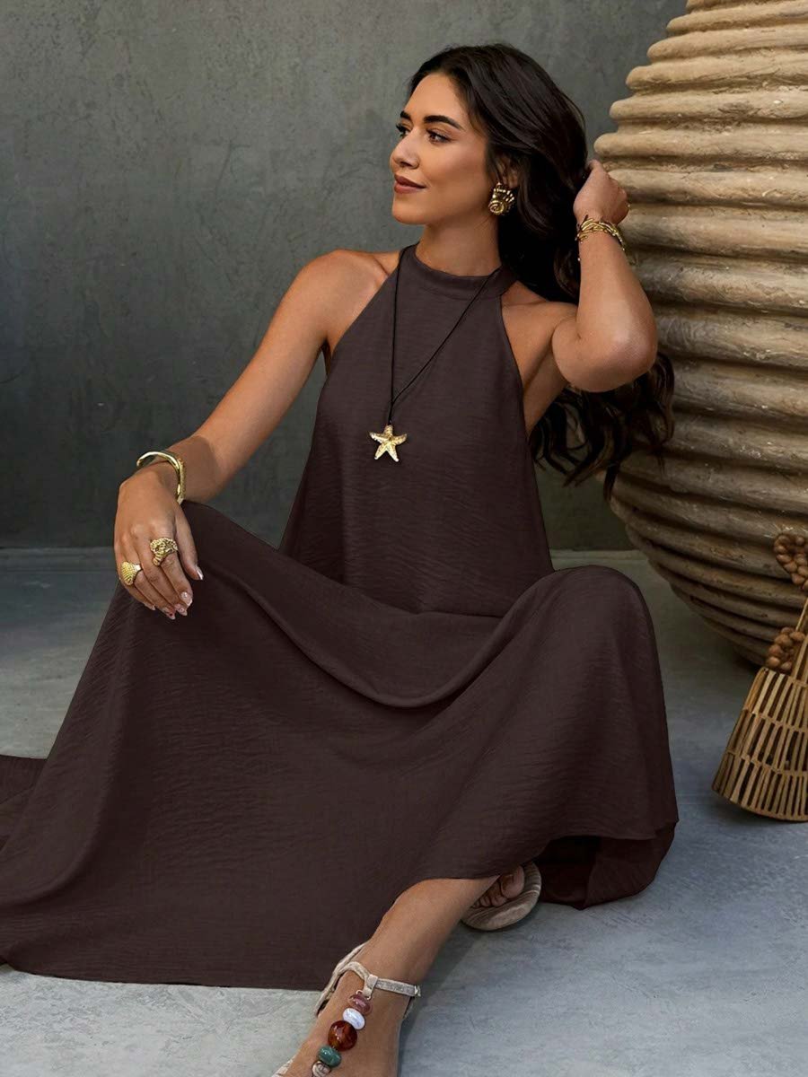 Plain Brown Maxi A-Line Sleeveless Dress