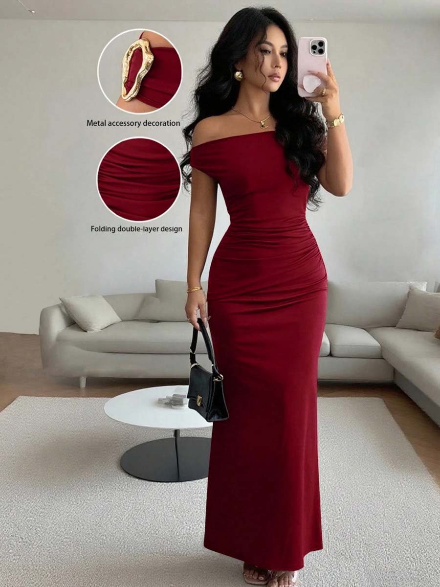 Burgundy Off-Shoulder Bodycon Maxi Dress