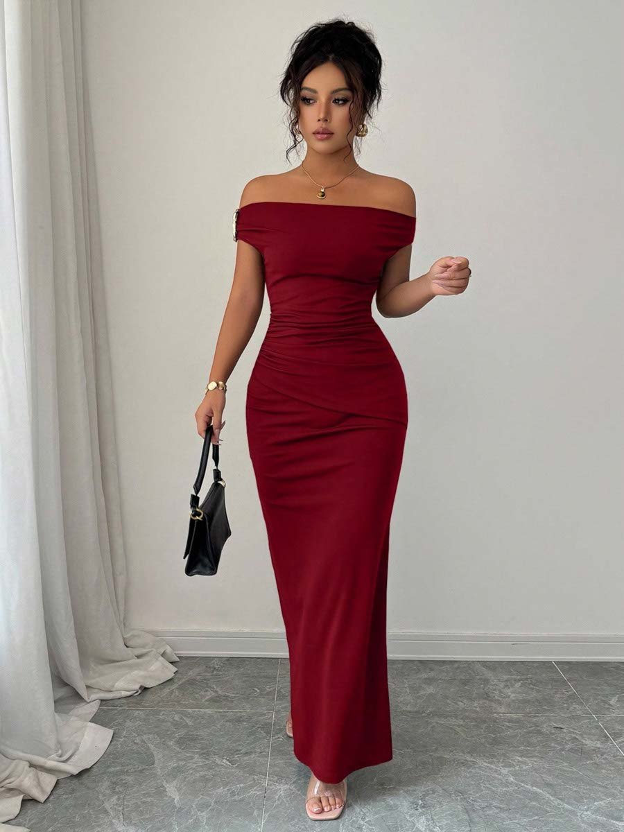 Burgundy Off-Shoulder Bodycon Maxi Dress