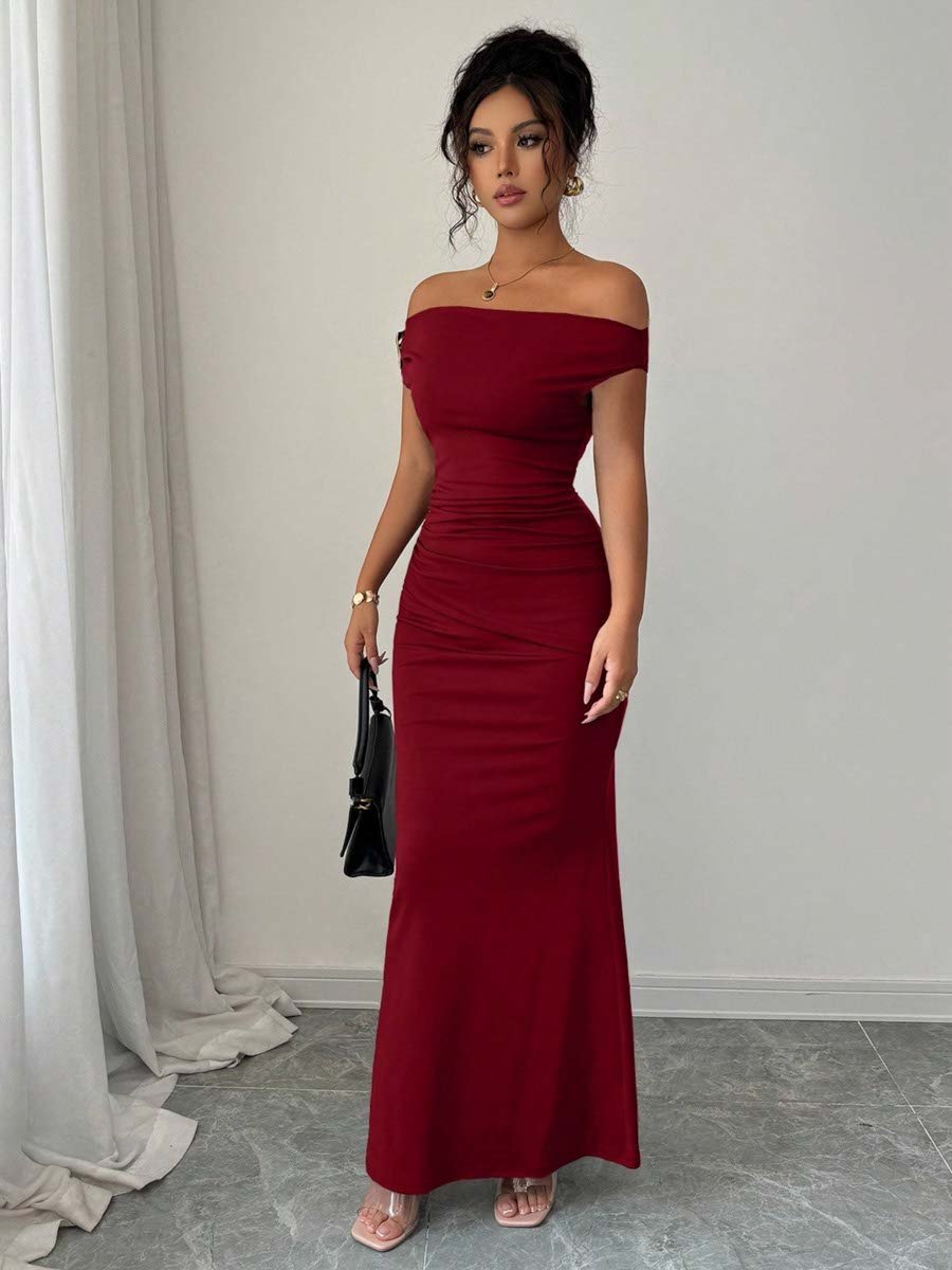 Burgundy Off-Shoulder Bodycon Maxi Dress