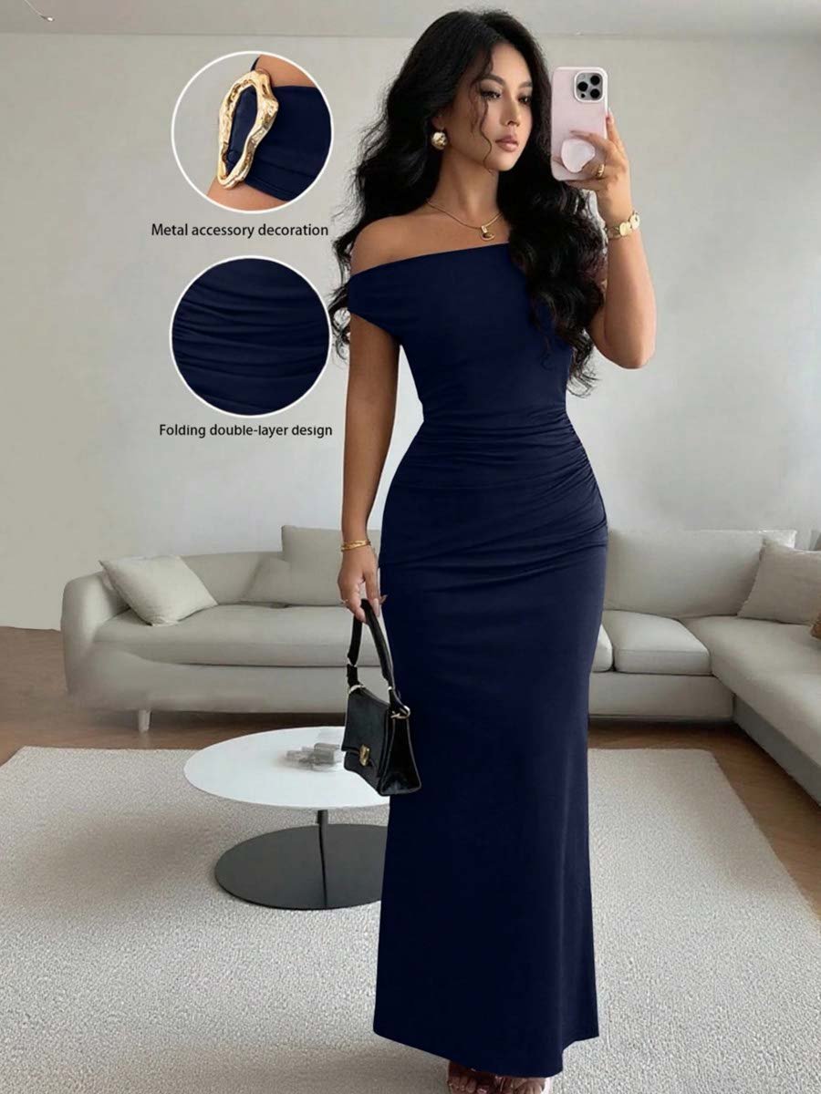 Navy Blue Bodycon Maxi Dress with Off-Shoulder and Ruched Design
