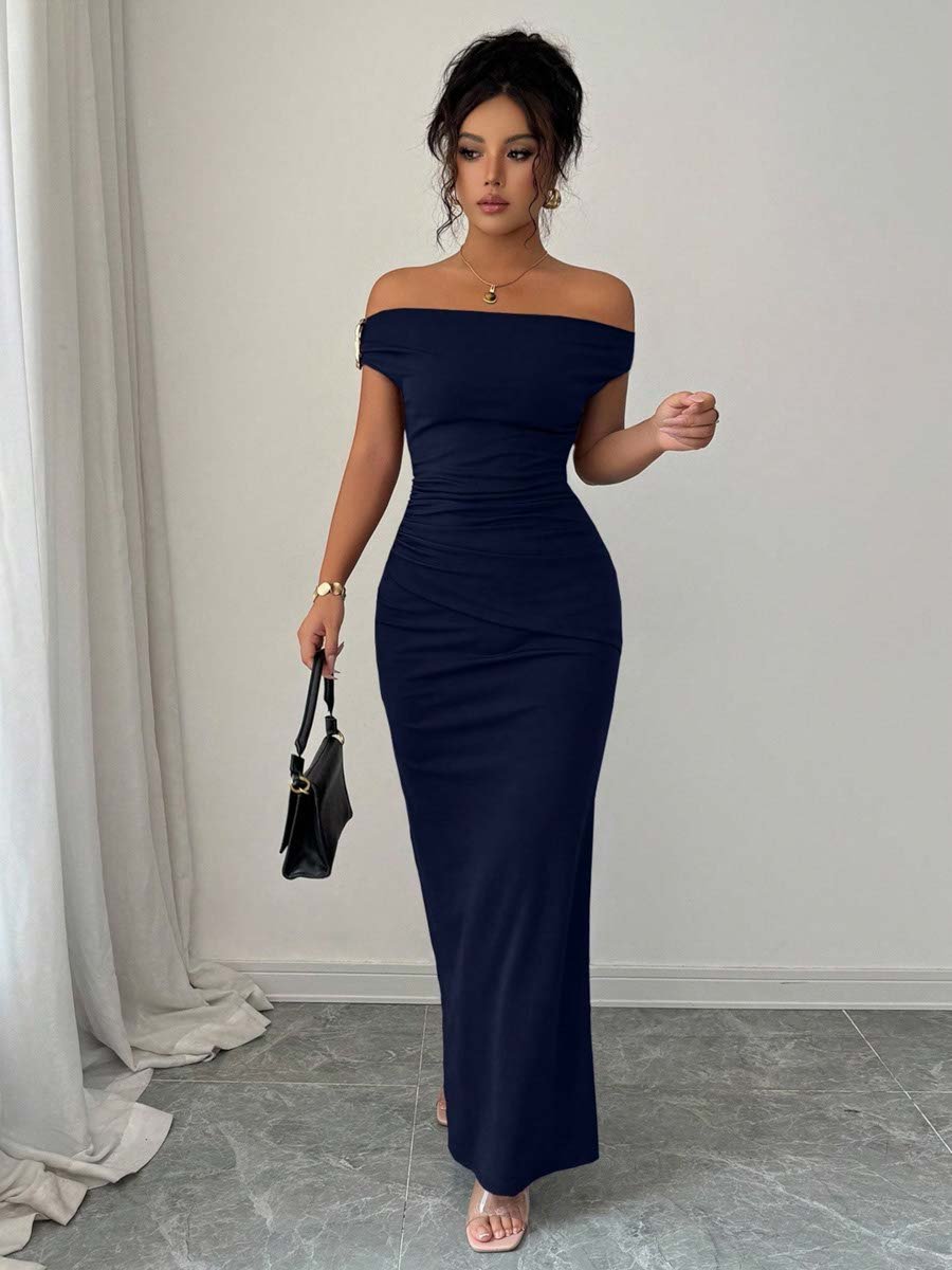 Navy Blue Bodycon Maxi Dress with Off-Shoulder and Ruched Design