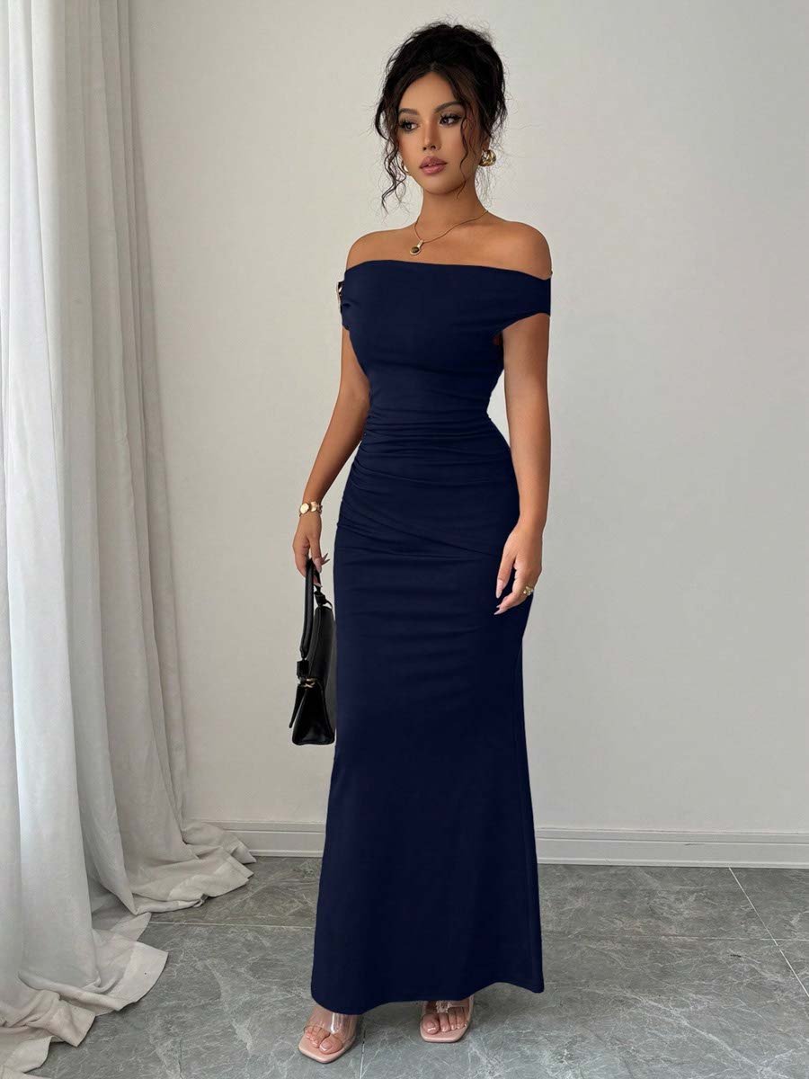Navy Blue Bodycon Maxi Dress with Off-Shoulder and Ruched Design