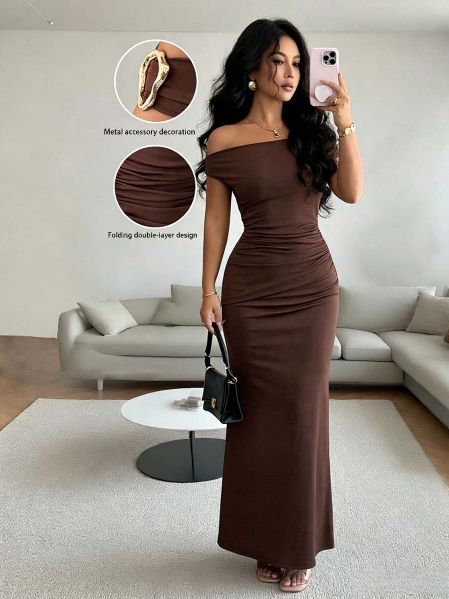 Brown Off-Shoulder Bodycon Maxi Dress