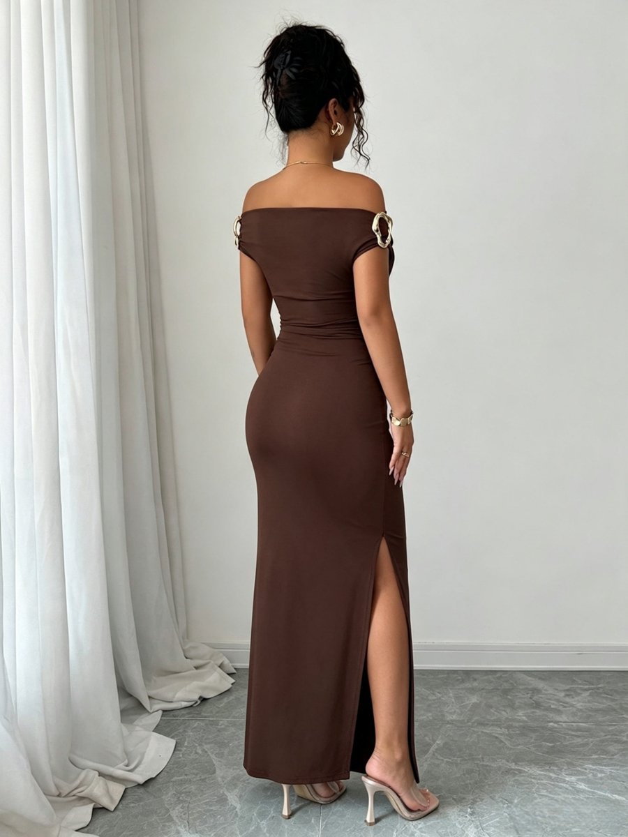 Brown Off-Shoulder Bodycon Maxi Dress