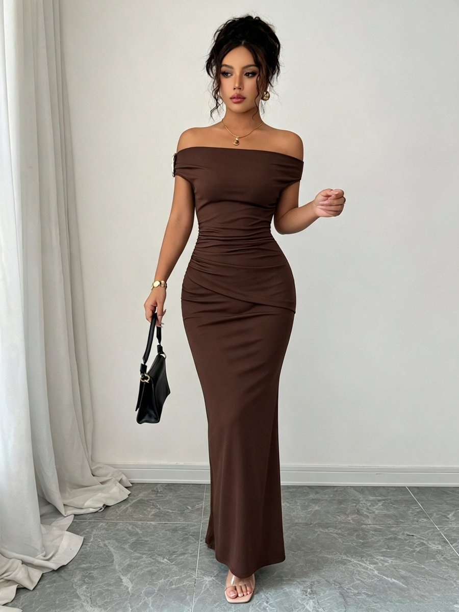 Brown Off-Shoulder Bodycon Maxi Dress