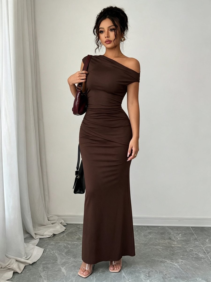 Brown Off-Shoulder Bodycon Maxi Dress
