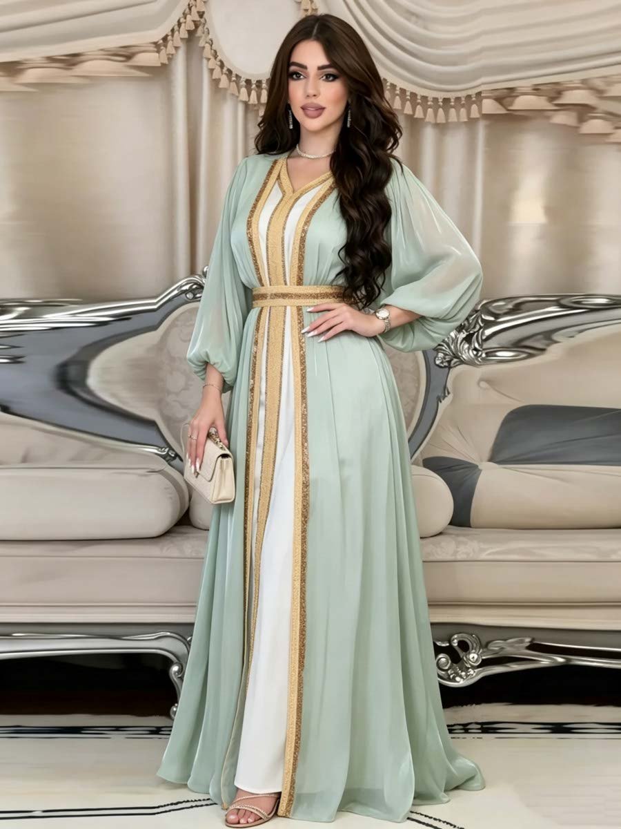 Elegant Green Embellished Dress with Kimono Set