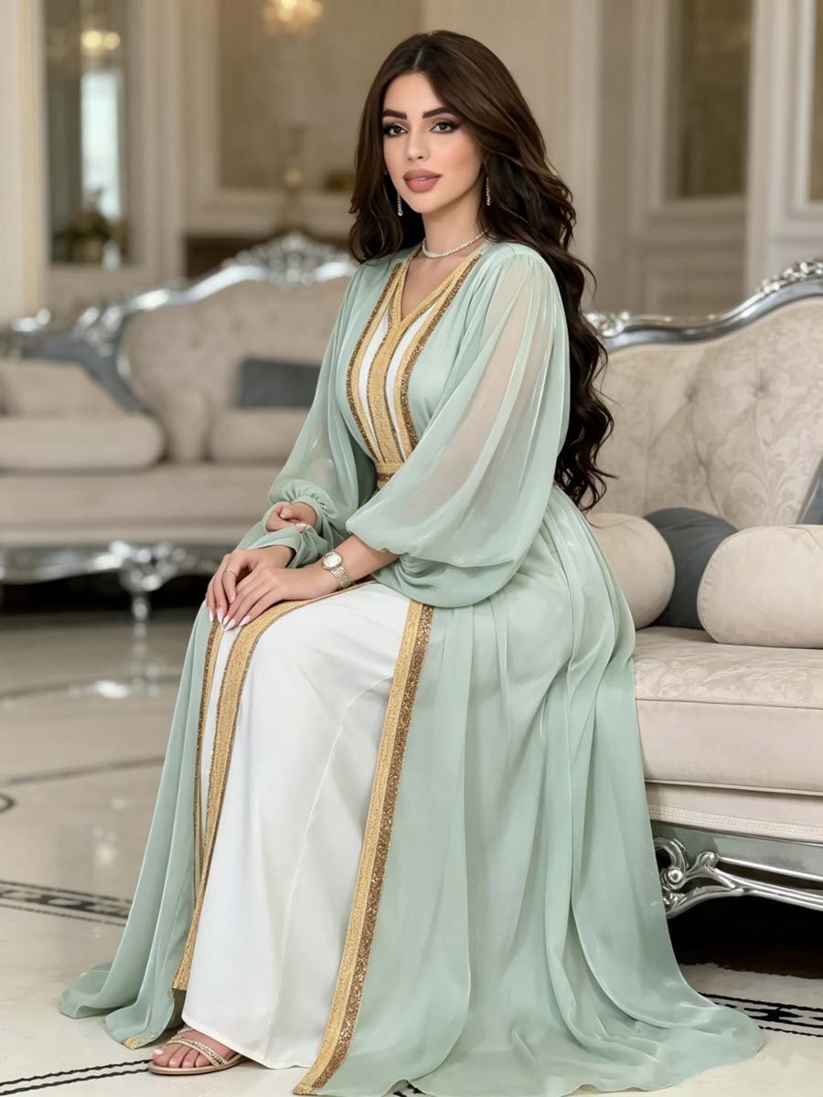 Elegant Green Embellished Dress with Kimono Set