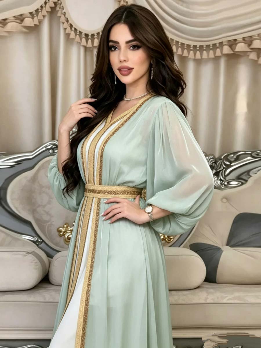 Elegant Green Embellished Dress with Kimono Set