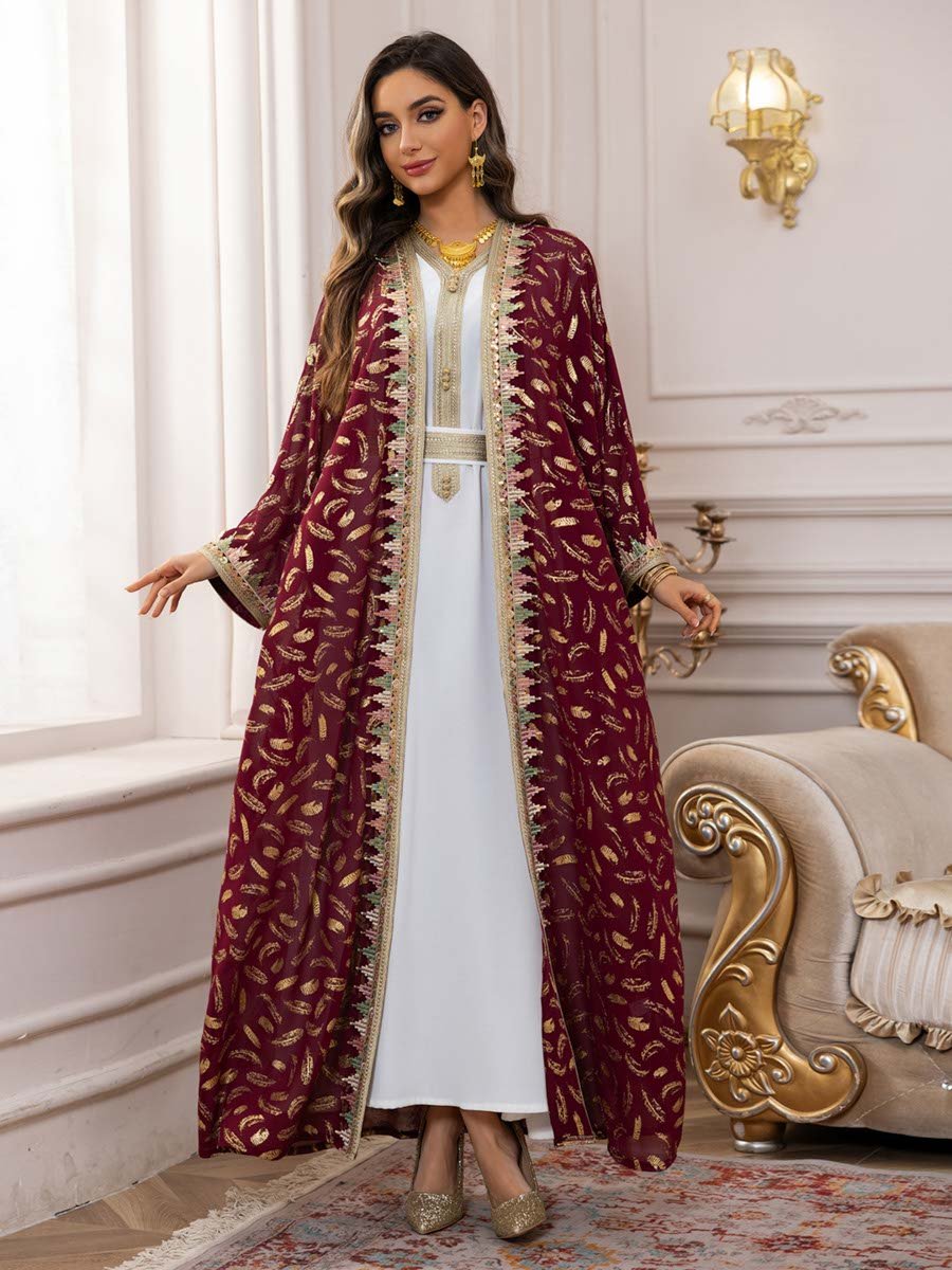 Burgundy Foil Printed Dress and Abaya Set