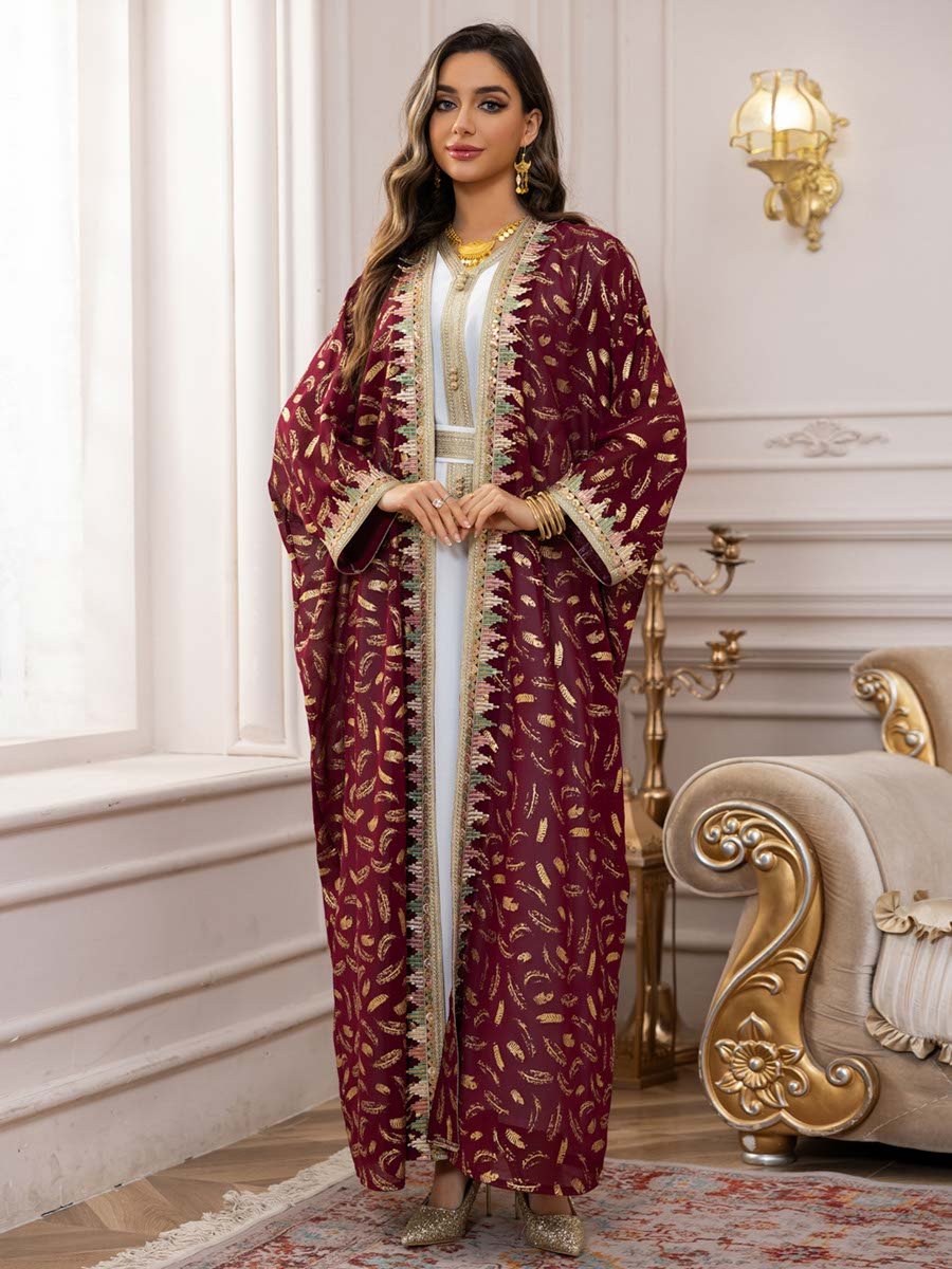 Burgundy Foil Printed Dress and Abaya Set