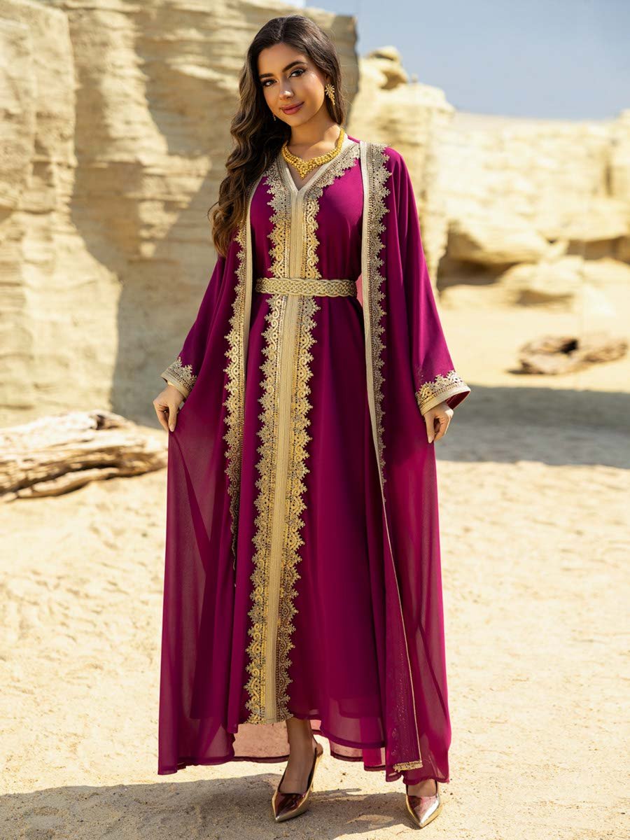 Lace Embellished Dress and Abaya Set with Gold Embroidery