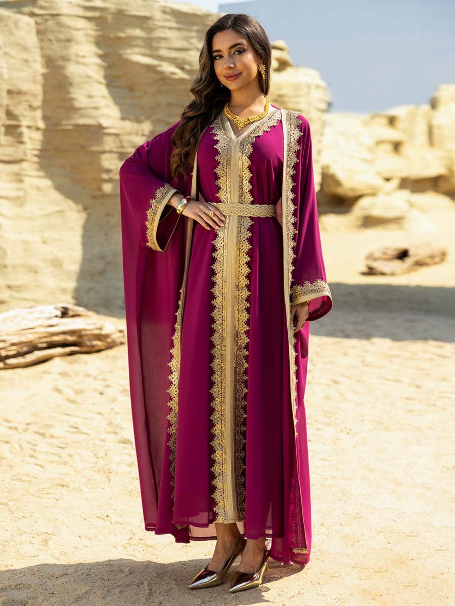Lace Embellished Dress and Abaya Set with Gold Embroidery
