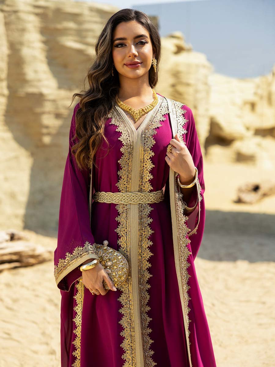 Lace Embellished Dress and Abaya Set with Gold Embroidery